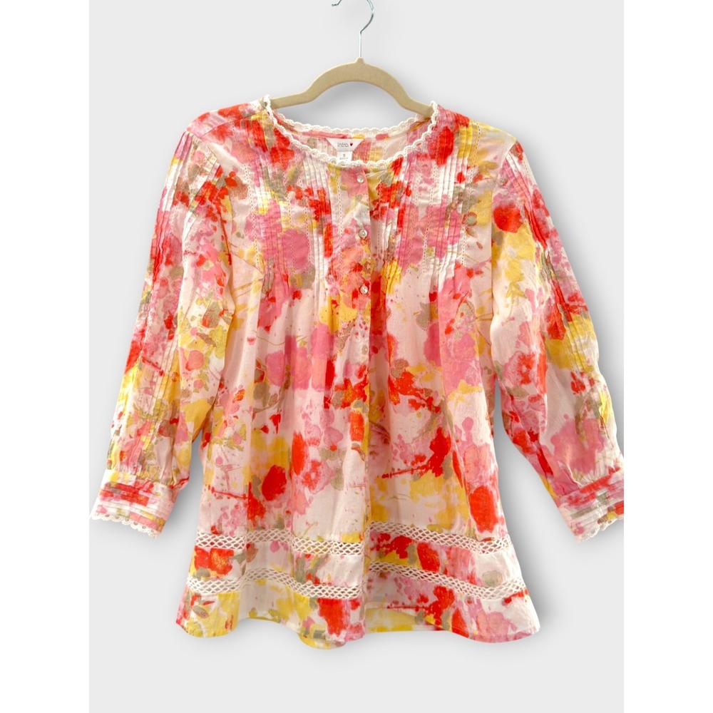 Intro Floral Peasant Blouse S Boho Cottagecore Pintuck Lace Cotton Shabby Chic